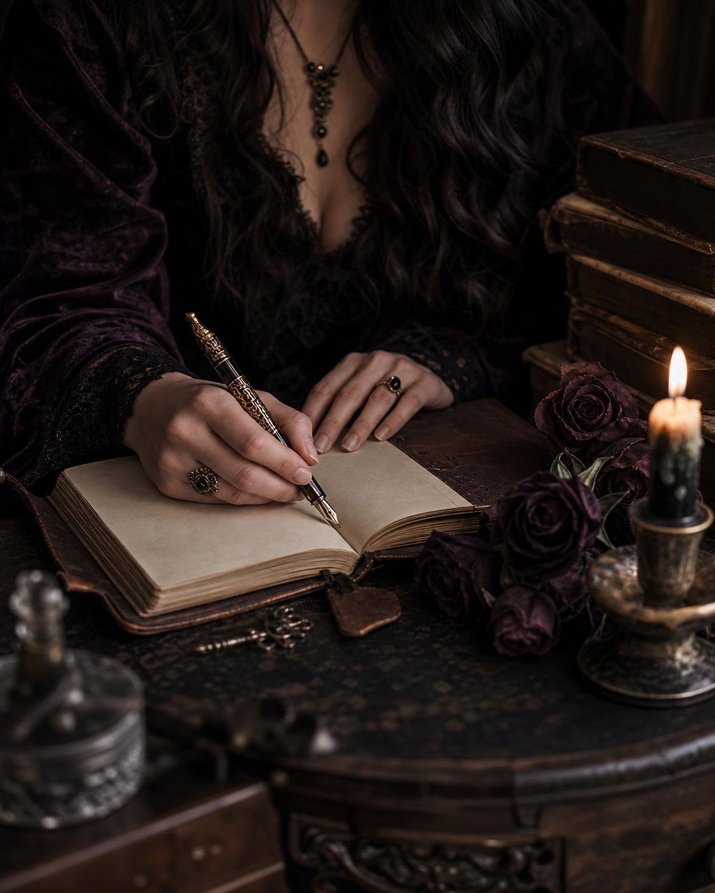 Open leather journal, fountain pen, and candlelight — Ona Renae's writing desk